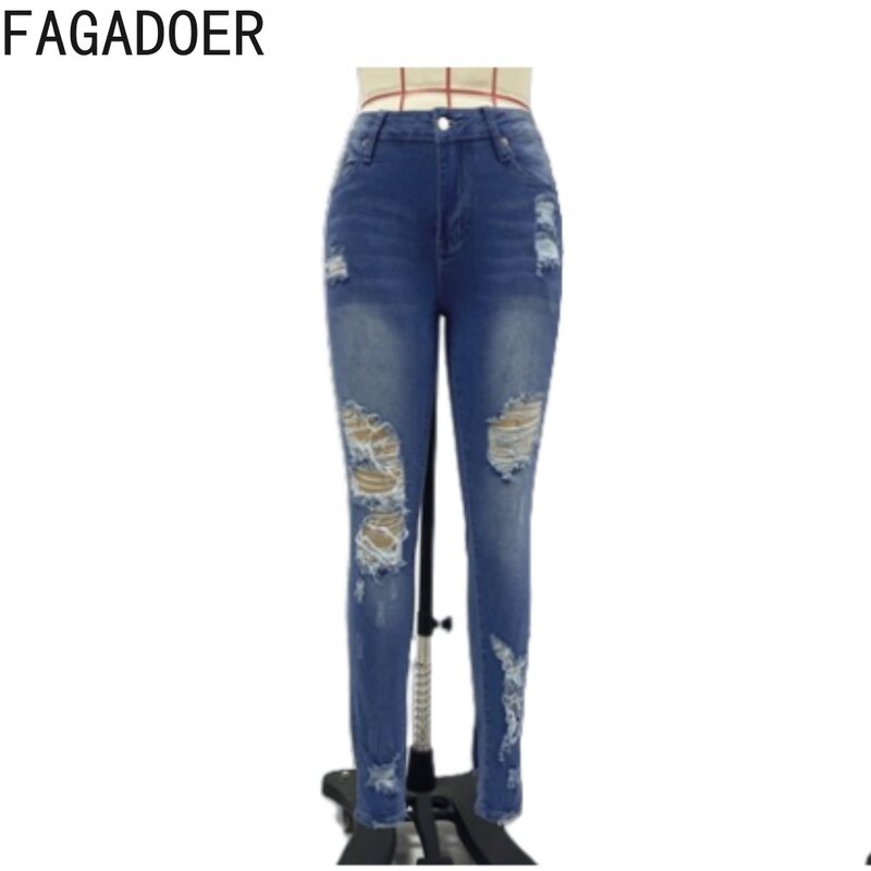 FAGADOER-Pantalon crayon skinny en denim pour femme, pantalon taille haute, jean à poches boutonnées, bas de cow-boy féminins, trou d'élasticité, mode, fjFemale