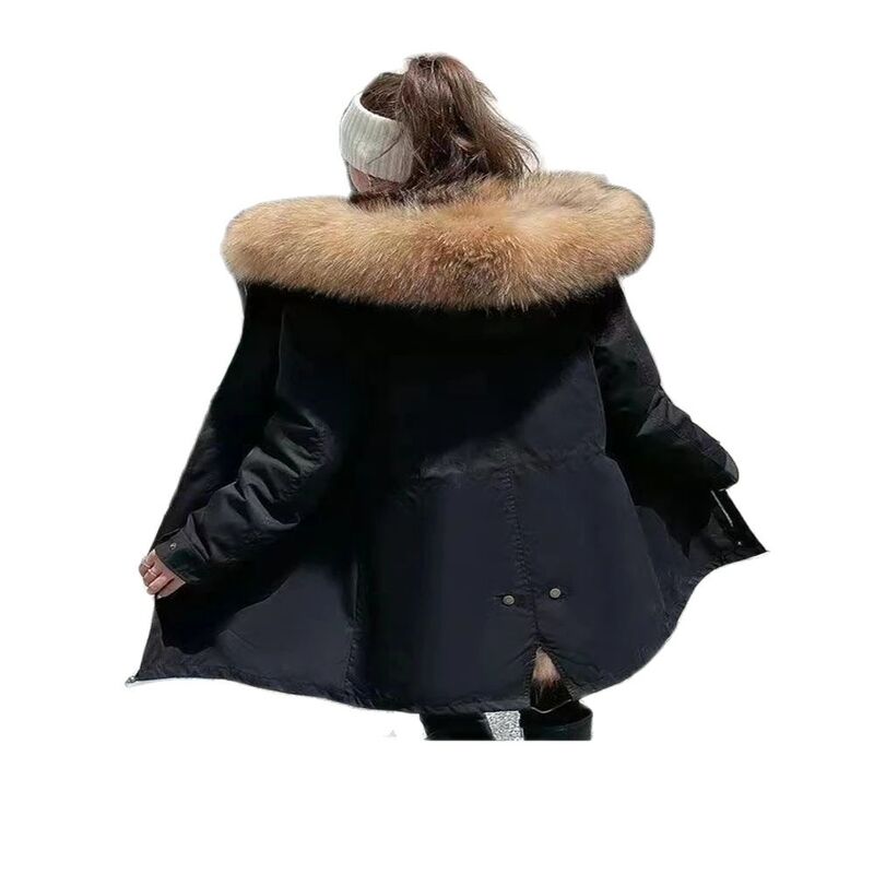 Duża sztuczne futro futro szopa rosyjska kurtka ciepła odzież topy ciepłe ubrania zimowe grube bawełniany płaszcz z kapturem dla pań 2024