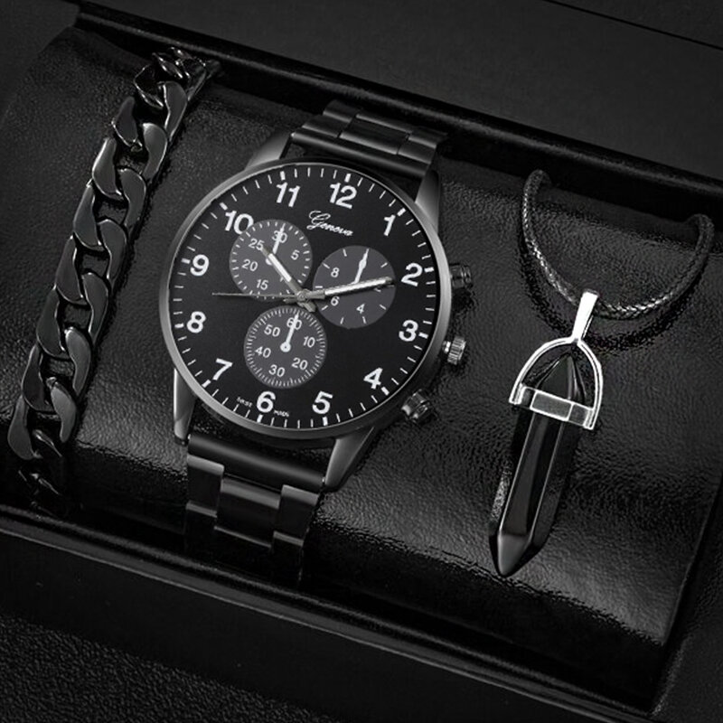 クォーツ腕時計,男性用,カジュアル,ブラック,ネックレス,ファッショナブル,3個セット