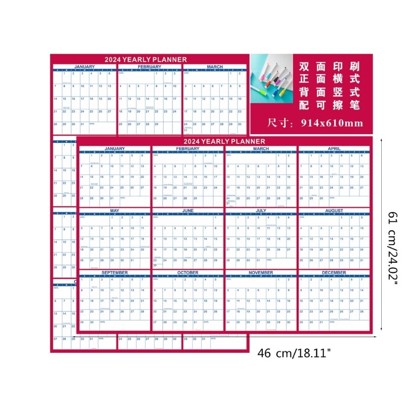 Double-Sided Wall Calendar 2024 Erasable Wall Calendar 12 Month Annual Yearly Wall Planner Easy to Clean