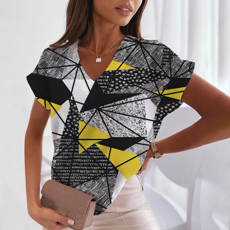 Женская Ретро-рубашка с V-образным вырезом Y2K уличный тренд с коротким рукавом свободный модный топ с коротким рукавом