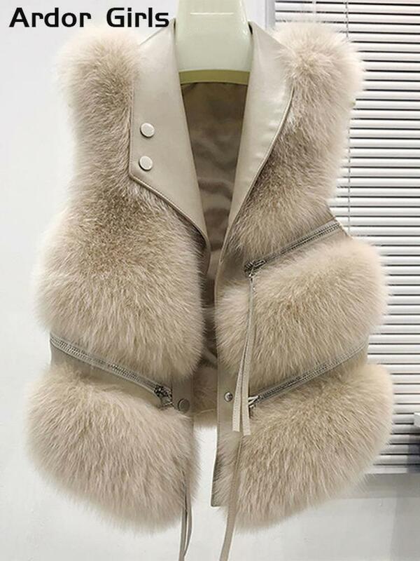 여성용 스트리트 인조 모피 재킷, 푹신하고 따뜻한 민소매 느슨한 여성 조끼, 2023 가을 겨울 패션, 두꺼운 PU 레이디 코트