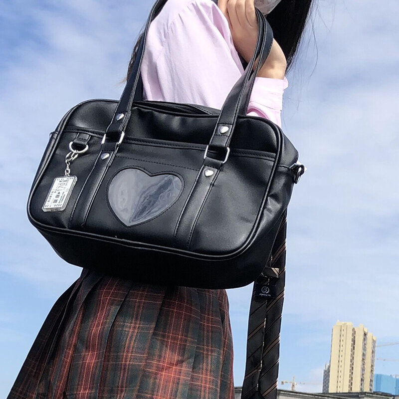 Bolsa de couro coração Lolita para mulheres, sacos de uniforme escolar JK, bolsa de estudante feminina, cosplay, amor anime, bolsa de ombro oca