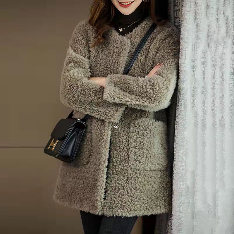 새로운 Haining 여성 느슨한 모조 세분화 된 양털 깎기 코트 모피 코트 양모 모피 한 여자 중간 길이 코트, 2023 겨울