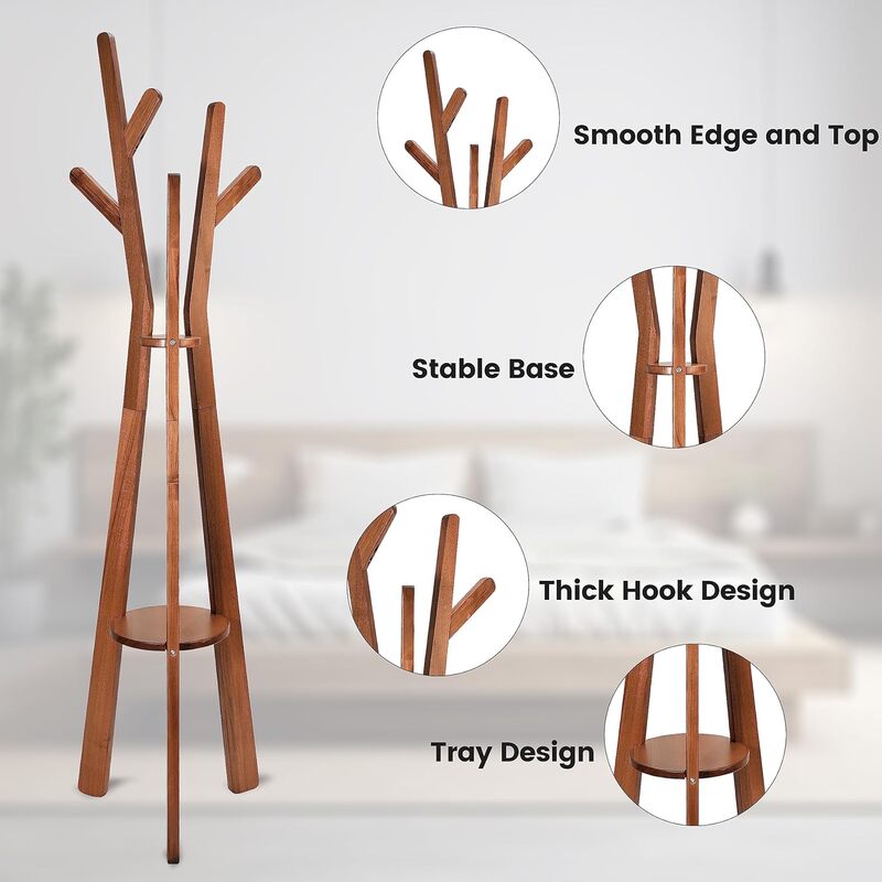 Coat Rack, Coat Rack Freestanding, USA Grown Poplar Coat Standing Tree for Living Room, Bedroom, Bathroom, Hallway