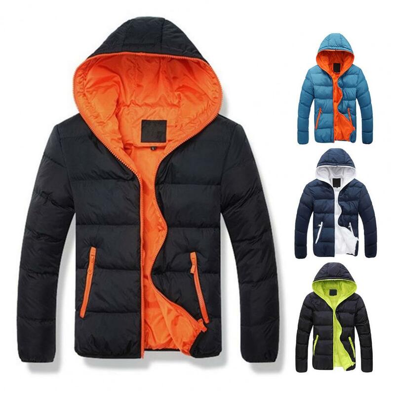 Männer Winter Kontrast farbe gepolsterte Jacke Kapuze Kordel zug Langarm Taschen Reiß verschluss Knopfleiste schlank verdickt warmen Mantel
