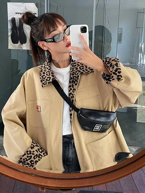 Jackets Women Leopard Double Wear Spring Korean Style Cargo Coats Commuting Unisex Students BF Loose Leisure Personality Chic