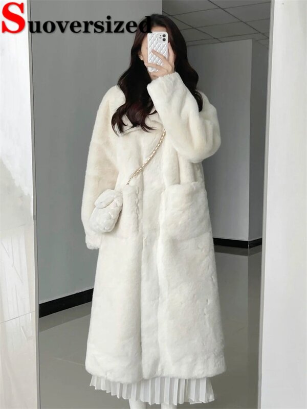 Verdicken koreanische Kunst pelz jacken warme gefälschte Kaninchen Plüsch Oberbekleidung Winter hochwertige lange Mäntel Frauen elegante pelzige Mäntel