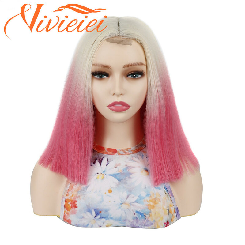 Vivieei-女性用合成かつら,短いブロンドの髪,正面のレースのかつら,ブロンド,ピンク,オレンジのコスプレの髪