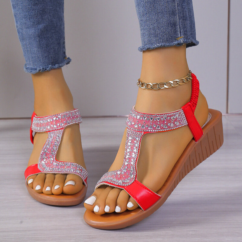 Sandali con tacco Poe per donna estate 2024 nuovi sandali con diamanti ad acqua per piedi con una linea elastica grande
