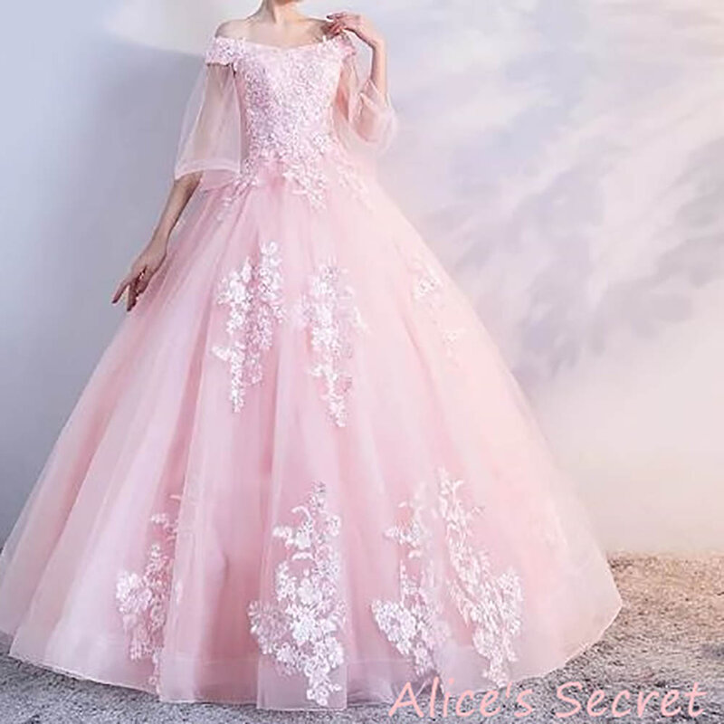Gaun Prom 2024 gaun pesta malam ulang tahun berlipat applique renda lengan Bell bahu terbuka gaun pesta malam Putri "de Soiree