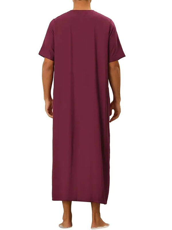 Muslim Men's Short Sleeved Arabic Robes Dubai Turkey Islamic Daily Casual Clothing Summer Fashionable Loose Arab Wine Red Abayas