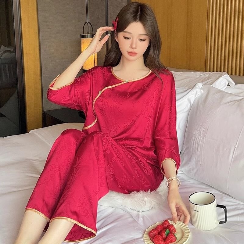 Conjunto de pijama de seda e gelo feminino, espreguiçadeira fina, estilo chinês, manga curta, tamanho grande, pode ser usado fora, estilo novo verão