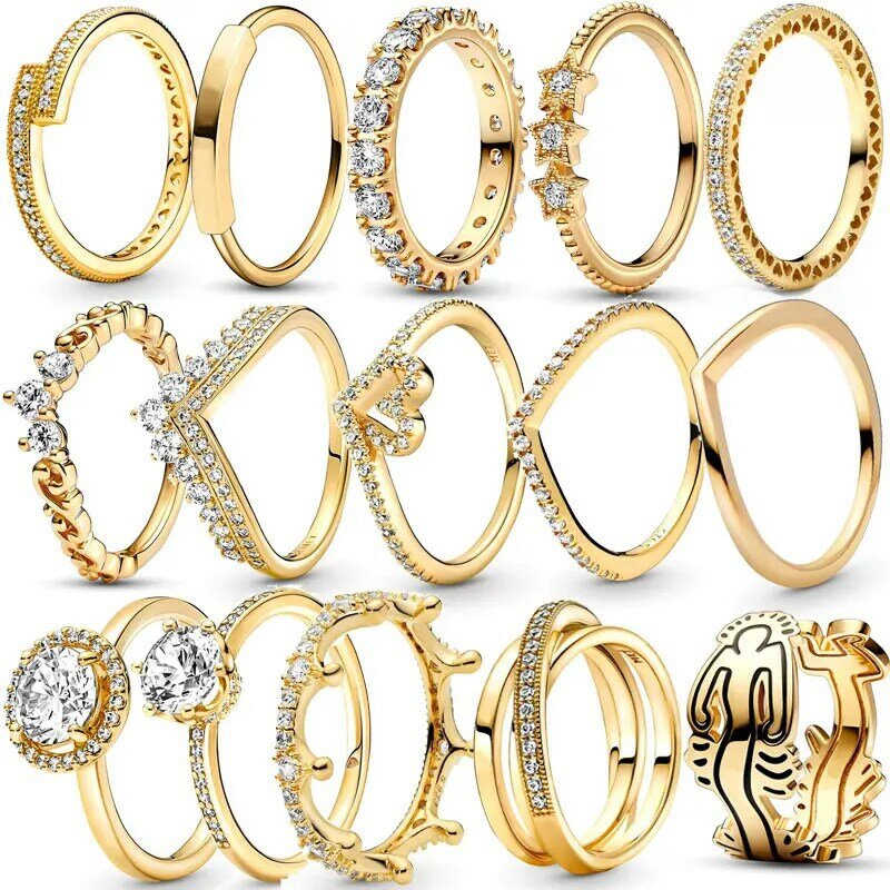 2022 New Gold Plated 925 Silver Ring Zircon Sparkling Princess Wishbone Heart Ring Women Original Ring Fine Jewelry