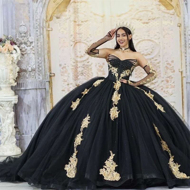 블랙 프린세스 퀸시네라 드레스, 볼 가운, 긴 소매, 얇은 명주 그물 아플리케, 달콤한 16 드레스, 15 아뇨 멕시코