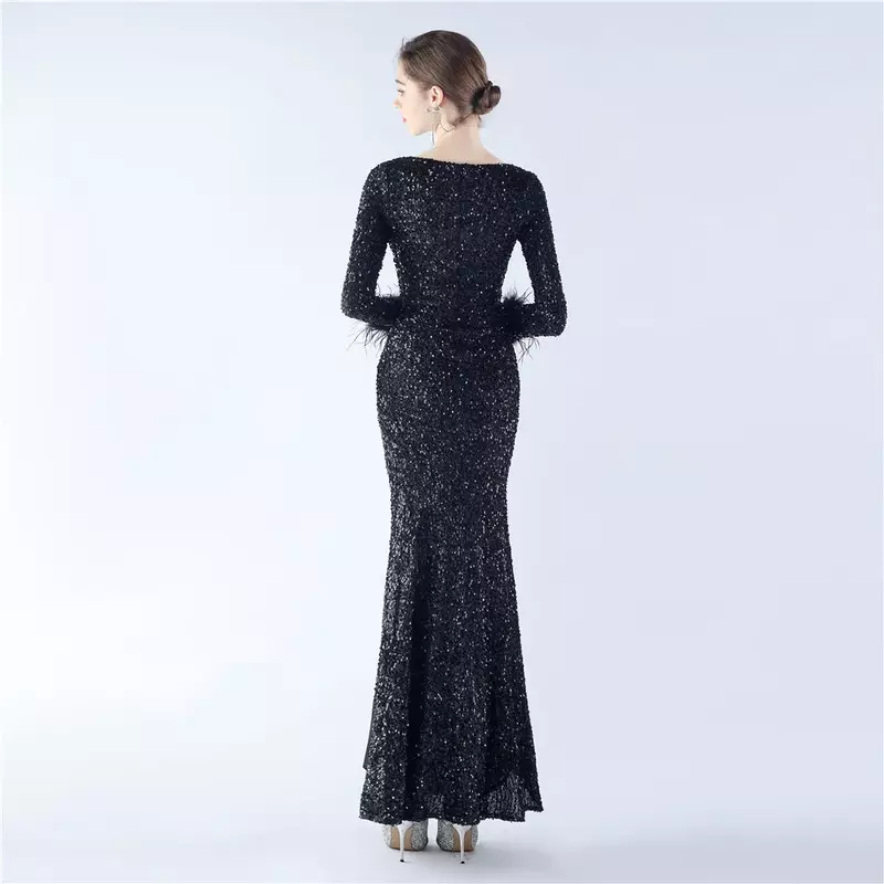 Sladuo Women's Sexy Long Sleeve With Feather Sparkly Maxi Dress High Slit  Formal Gown Cocktail  Maxi Long Mermaid Dresses