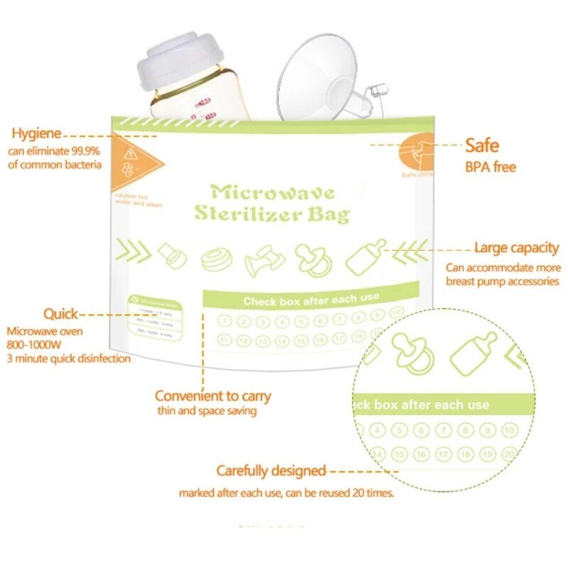 아기 젖병 및 유방 펌프 부품 장난감 청소를 위한 10개 전자레인지 가방 팩
