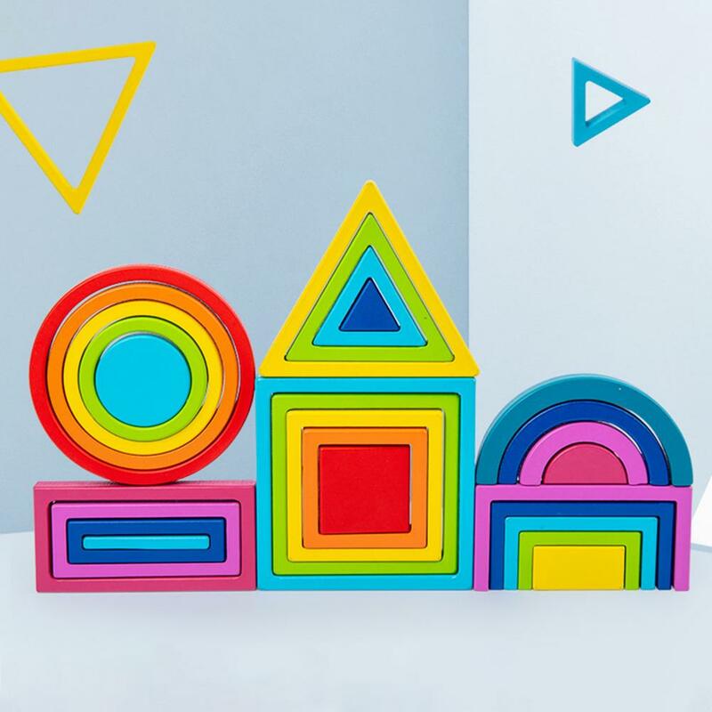 Разноцветные деревянные геометрические строительные блоки радуги для детей развивающая форма познавательная головоломка игрушка для раннего развития