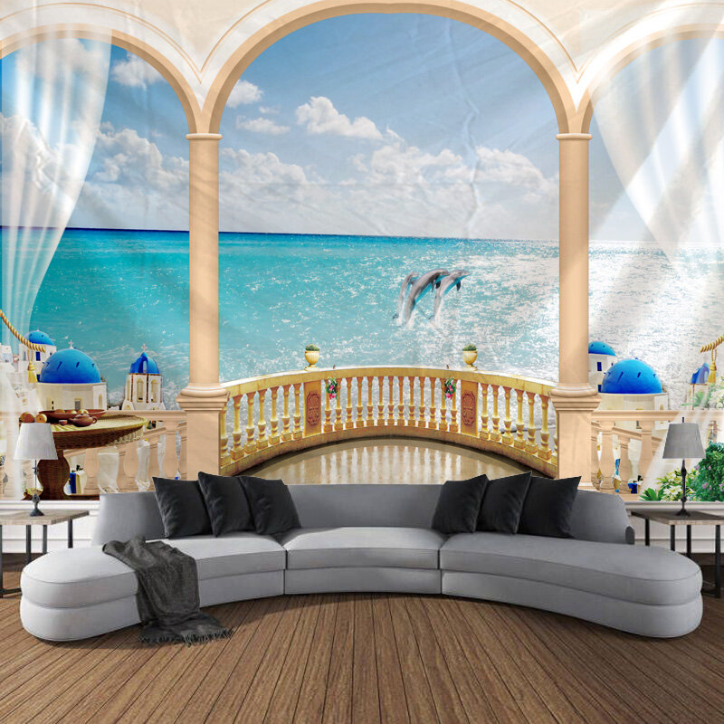 3D海の景色の背景壁の装飾、美しいタペストリー、窓外