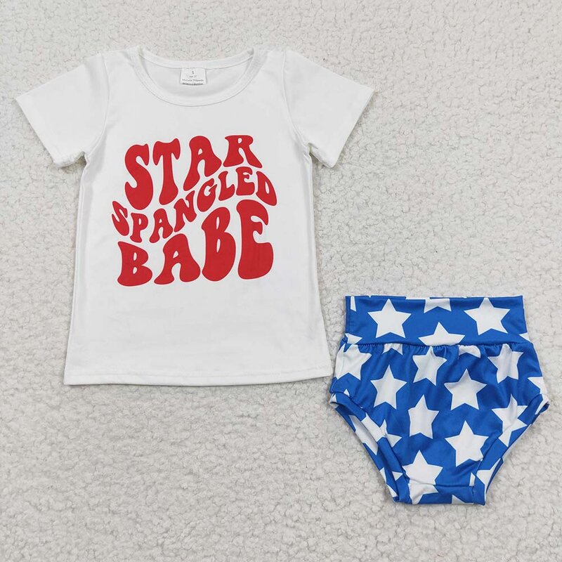 Baby Girls' Short Sleeves Shirt and Shorts Set, Outfit estrelas recém-nascidas, criança Bummies, verão, atacado, 4 de julho, 2 pcs