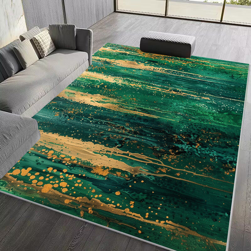 Karpet abstrak hijau tua untuk ruang tamu lukisan tinta emas dekorasi kamar karpet Estetika ukuran besar dapat dicuci tikar lantai santai