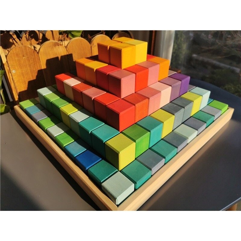 100pcs Large Wooden Building Toys Basswood  Rainbow Pyramid Stacking Blocks for Kids Creative Play
