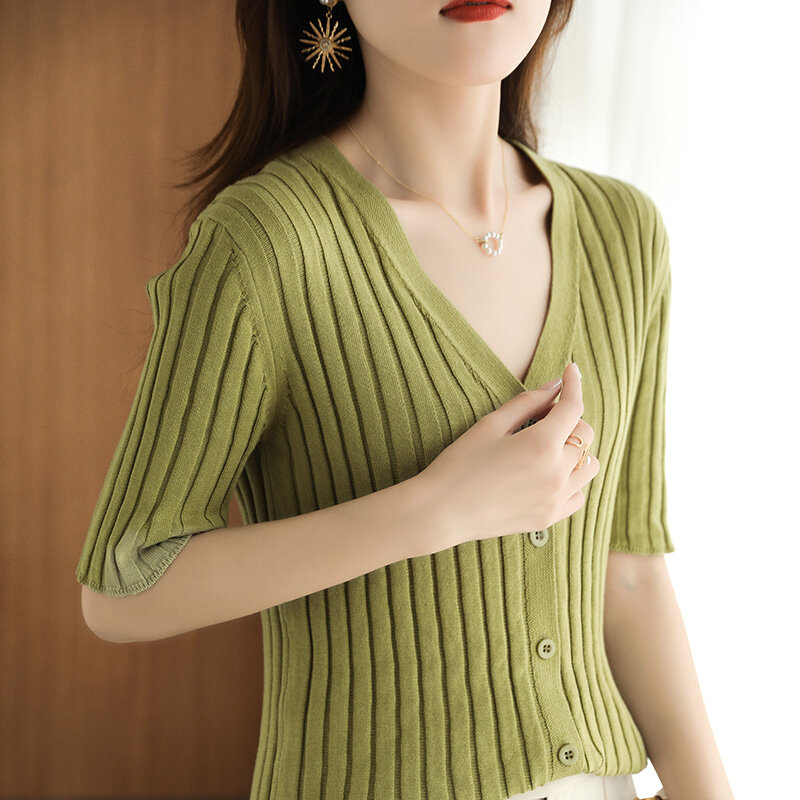 22 New Striped Cotton Knitted Cardigan Women's V-Neck Solid Color Spring Summer Short-Sleeved Slim Fit Tops All-Match Outer Wear
