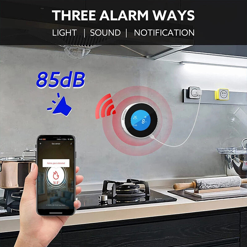 와이파이 버전 가정용 주방 안전 전문가 투야 앱 천연 가스 누출 경보 센서, LCD 디스플레이 사운드 사이렌 가연성 가스 감지기