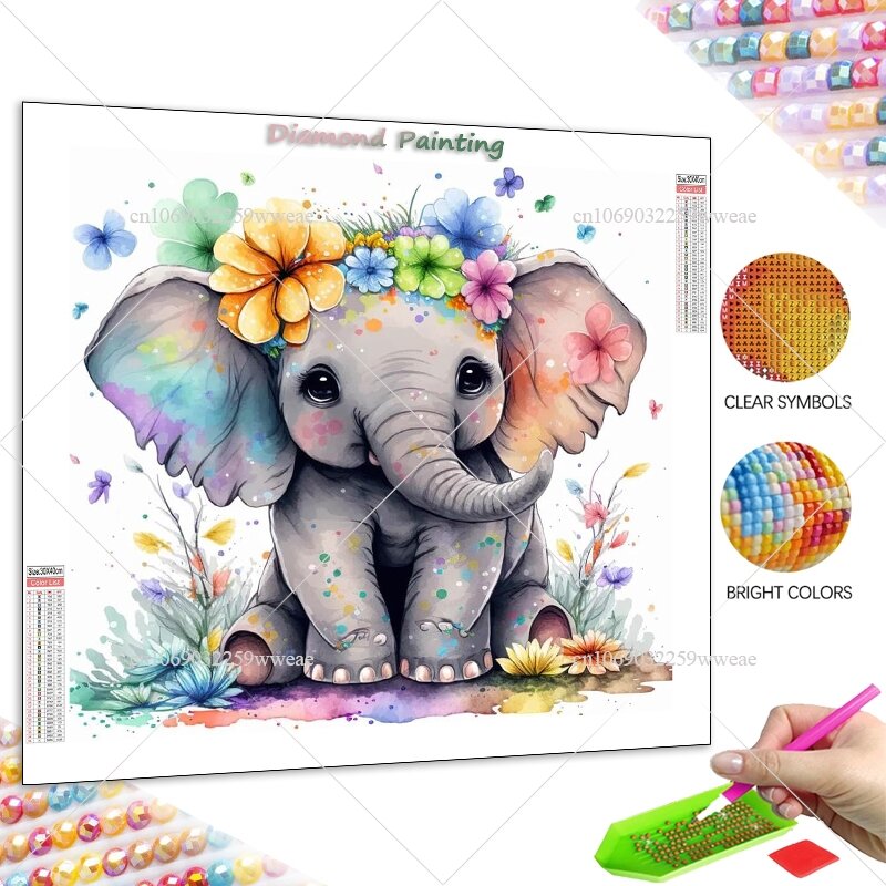 Kit completo de pintura de diamantes 5D DIY, pintura de pared de mosaico de dibujos animados de elefante lindo, Cuadrado completo, redondo, decoración de pared del hogar, regalo para niños