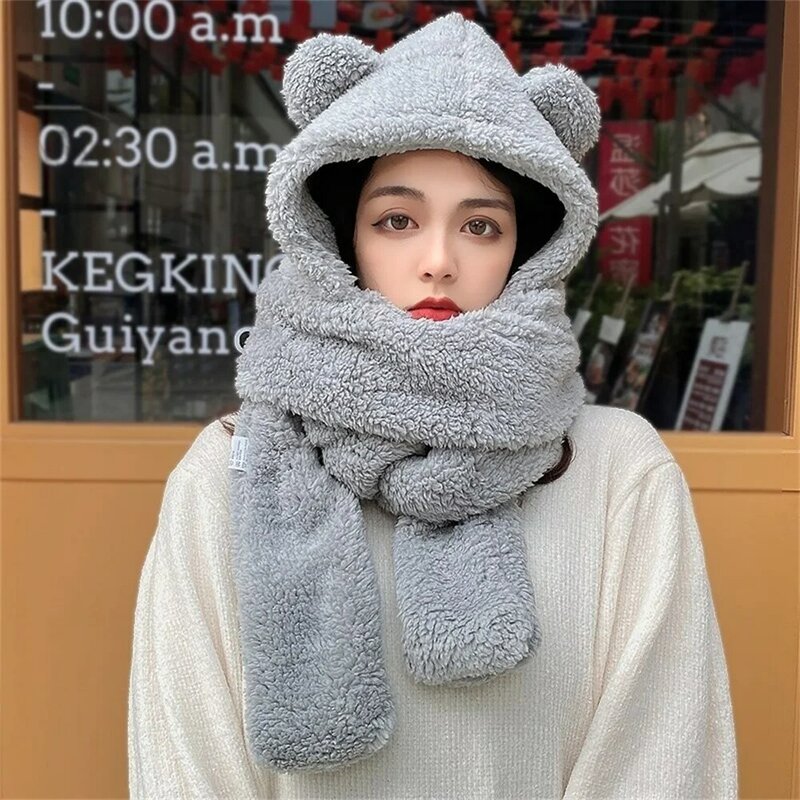 1pc Cute Bear Ear Hat Scarf Gloves Set Women Cap Warm Casual Plush Winter Lamb Wool 3-In-1 Neck Hats Casual Fleece Girls Beanies