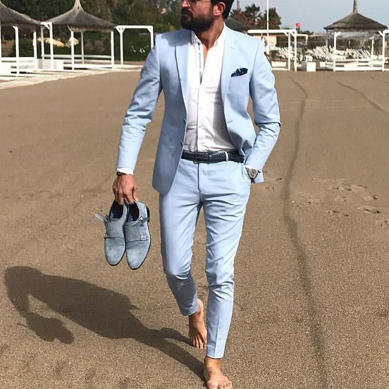 Fatos de praia de linho azul céu masculino, smoking slim fit para casamento, jaqueta com calça, nova moda masculina, verão, 2 peças, 2023