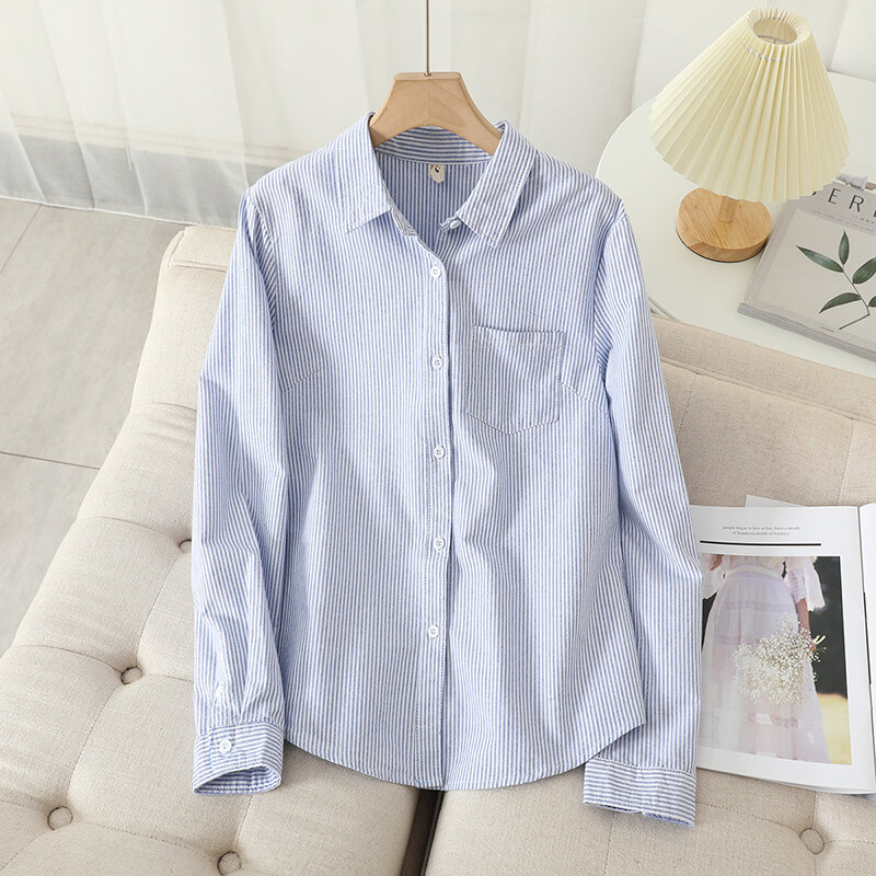 女性のオックスフォードカジュアルコットンシャツ,上質なブラウスとトップス,白と青のストライプのシャツ,衣類2022