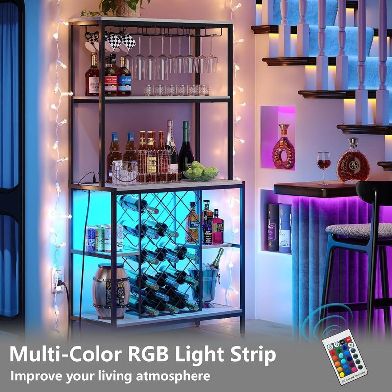 Fromate-Armoire à vin avec prises de courant et lumières LED, armoire à vin industrielle à 5 niveaux avec porte-verre, meubles de bar à domicile