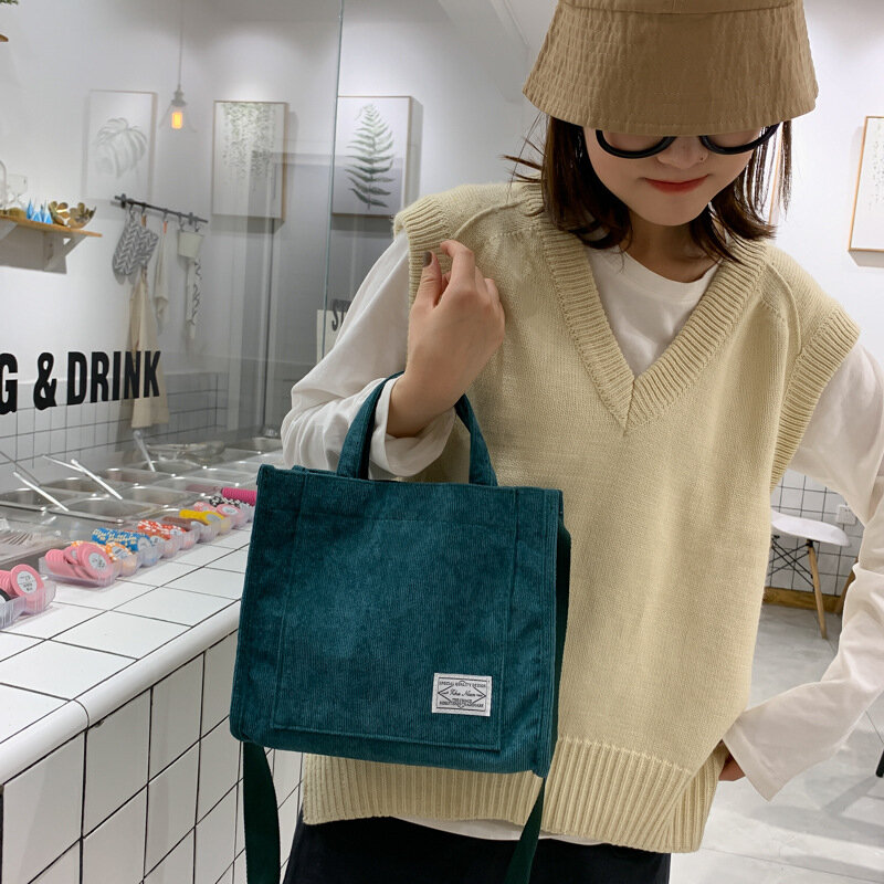 Bolso de mano 2022 de algodón con cremallera para mujer, bolsa de mano de diseñador de lujo, de pana, informal, de hombro, de lona, estilo Retro