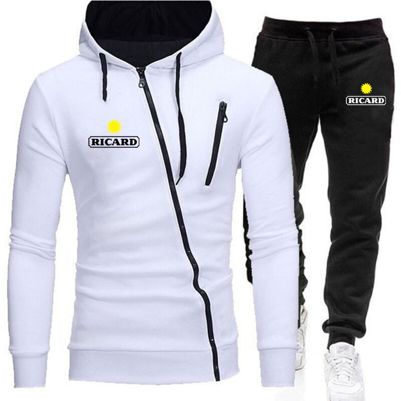 Jaket Hoodie + Celana pria lengan panjang, pakaian olahraga kasual warna Solid cetak Logo RICARD merek baru