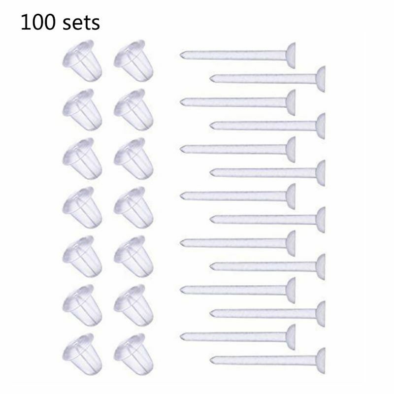 Punggung Anting & Kit Pos Anting Plastik Total 100 Set Pin Anting Transparan F19D