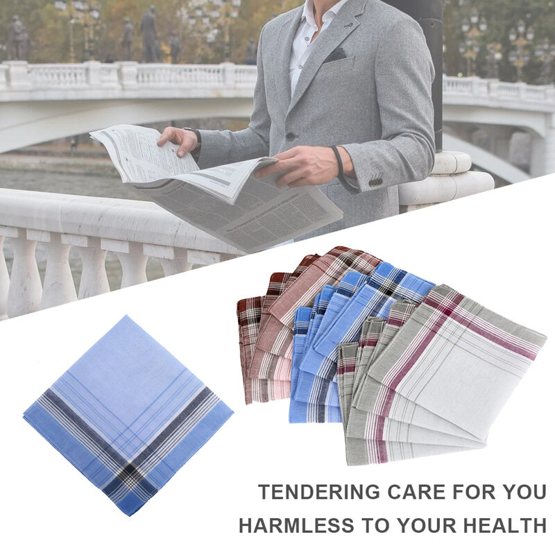 12pcs Simple Polyester Cotton Light Colored Handkerchiefs Checkered Square Edge Handkerchief For Men Elderly Soft Suit Pocket