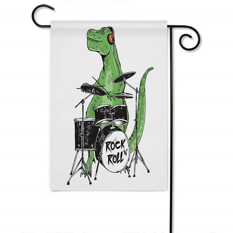 Green Dinosaur Garden Flag Cute Animal Music Rock N Roll Drum Set Flags Double Sided Welcome Yard Flag Outdoor Home Decor Lawn