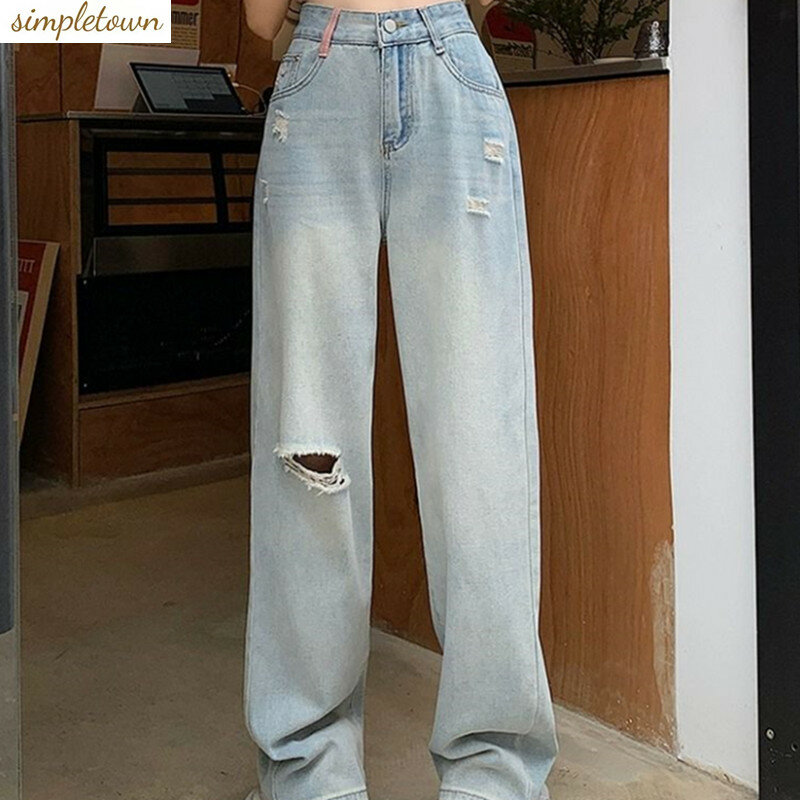 Celana Jeans kaki lebar lubang, celana panjang lurus longgar ramping pinggang tinggi tipis edisi Korea musim semi/Panas 2024