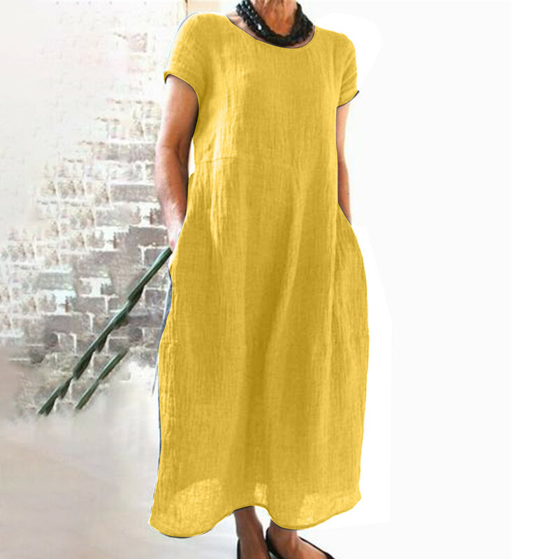 여성용 오버사이즈 원피스 캐주얼 O-넥 린넨 코튼 튜닉 셔츠 드레스, 2024 홀리데이 비치 패션 포켓 롱 로브, 여름