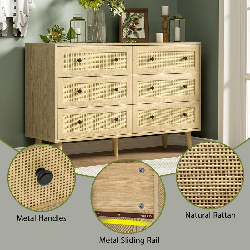 Rattan Dresser for Bedroom, Modern 6-Drawer Double Dresser with Black Handles, Wood Storage Chest of Drawers for Bedroom
