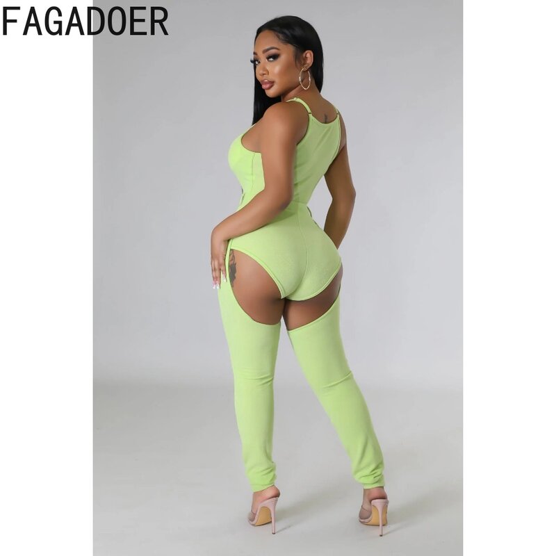 Fagadoer-女性のための透かし彫りのボディコンジャンプスーツ、薄いストラップ、ノースリーブ、ジッパー、スリムジャンプスーツ、女性のストリートウェア、ソリッド、ホットガール、ファッション