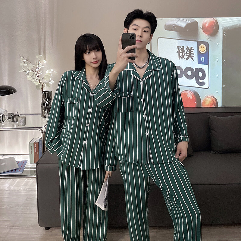 Autumn 2-piece couple pajamas silk cotton double-length cardigan thin lapel men's Korean version of silk women's home clothes