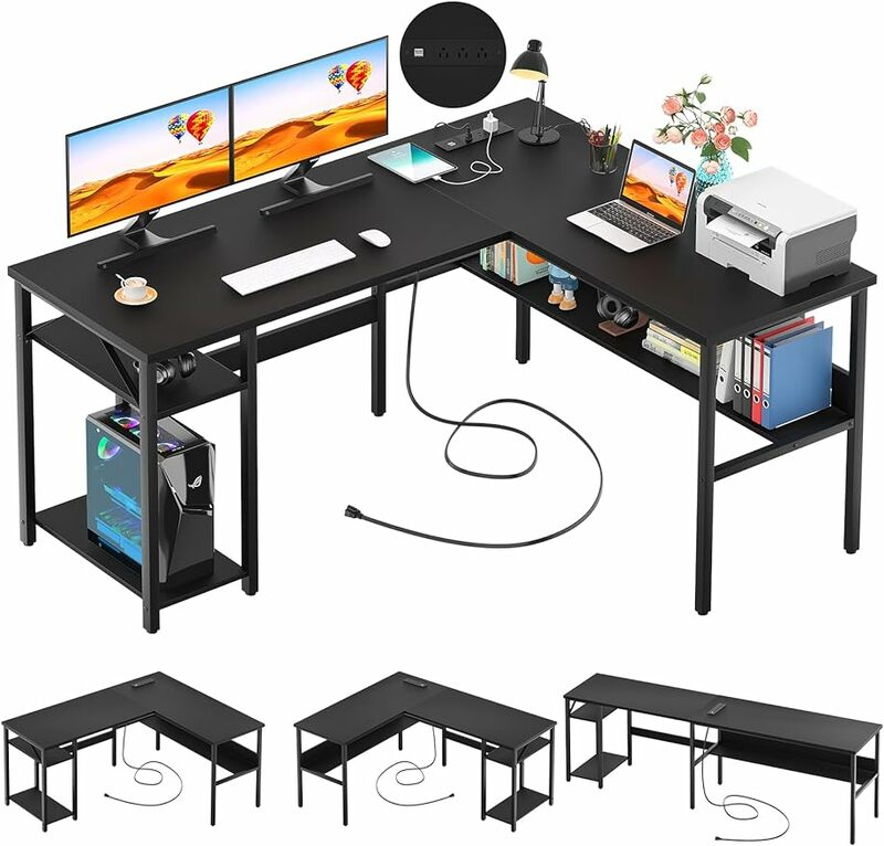 Odwracalne biurko Unikito w kształcie litery L z magicznymi gniazdkami i porty USB do ładowania, solidnym narożnym biurkiem komputerowym z półką do przechowywania