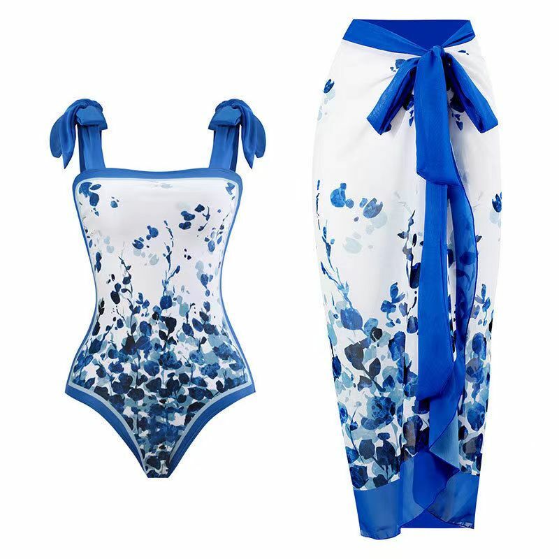New Vintage European and American Foreign Trade Swimwear Conservative One Piece Hot Spring Swimwear Set Women's Chiffon Cover Up