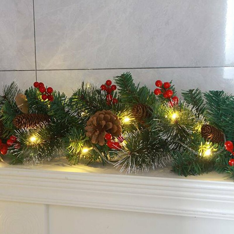 LEDライト付きクリスマス籐リース、豪華なクリスマスデコレーション、ライト付きガーランド装飾、クリスマスホームパーティー、2.7m