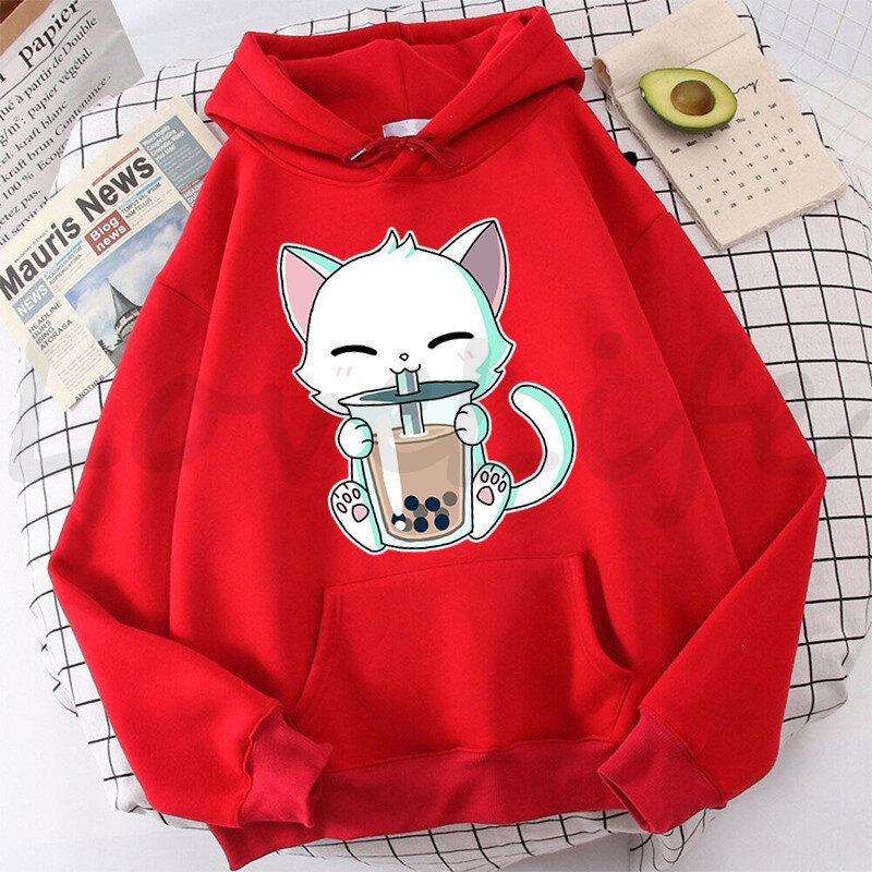 Animals Boba Tea Hoodie Cute Cat Hooded Sweatshirt Harajuku Hoodies Kids Kawaii Pullover Tops Casual Hoody Women's Clothes Coats