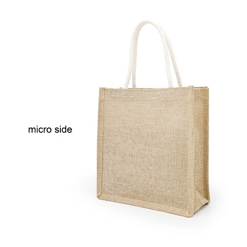 Przyjazne dla środowiska nadrukowane Logo na zamówienie kwadratowe plażowa Totebag laminowana płócienna bawełniana torba jutowa na zakupy