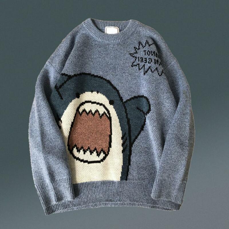 Suéter de desenho vintage Harajuku para homens e mulheres, grande, estampa tubarão, popular, estilo jovem, estudante, inverno