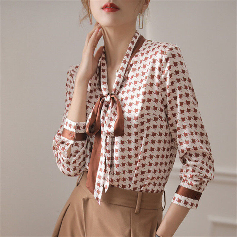 Houndstooth Print Fashion Elegant Chic Bow Office Lady Shirt Spring Autumn Long Sleeve Simple Blouse Top Women's Clothing Blusas